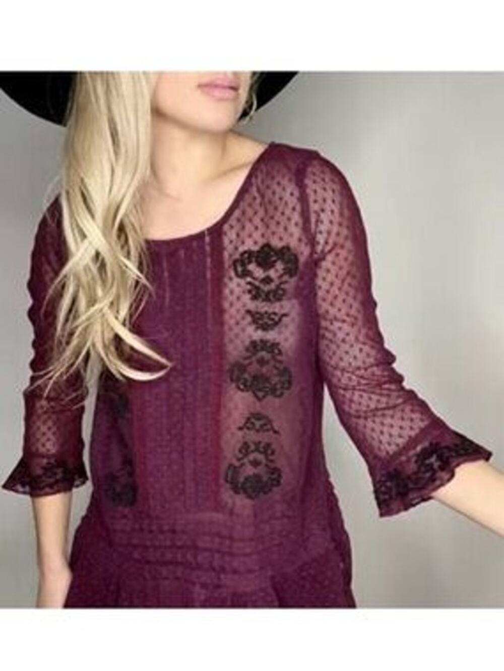 Free People Jocelyn Burgundy Embroidered Swiss Dot Womens Top Blouse Size Small